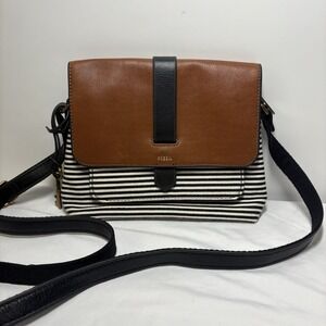 Fossil Kinley Small Crossbody Leather Stripe Canvas Vintage Book Bag Nautical